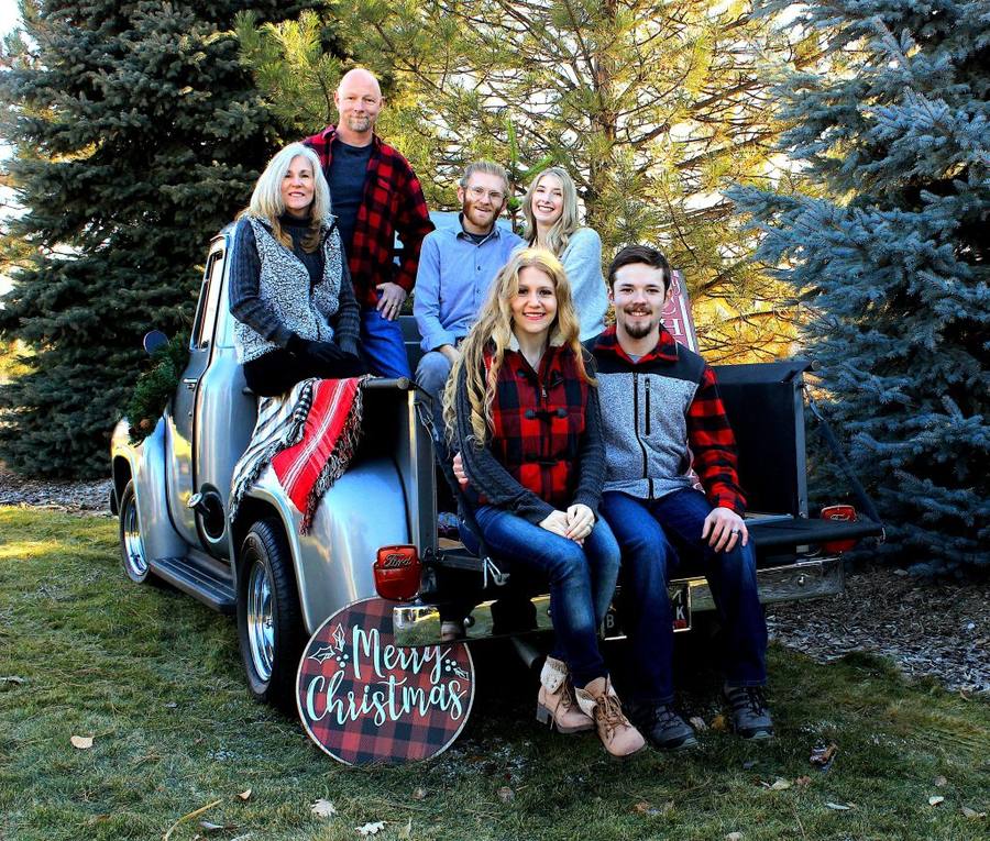 Phil, Donna and family with their vintage truck at On Collin's Pond in Middleton, Idaho