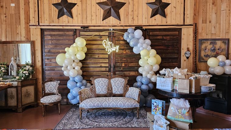 Baby shower seating and balloon arch set up in the lodge at On Collin's Pond