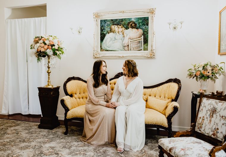 Bride and her mother in the bride's room before the ceremony at On Collin's Pond
