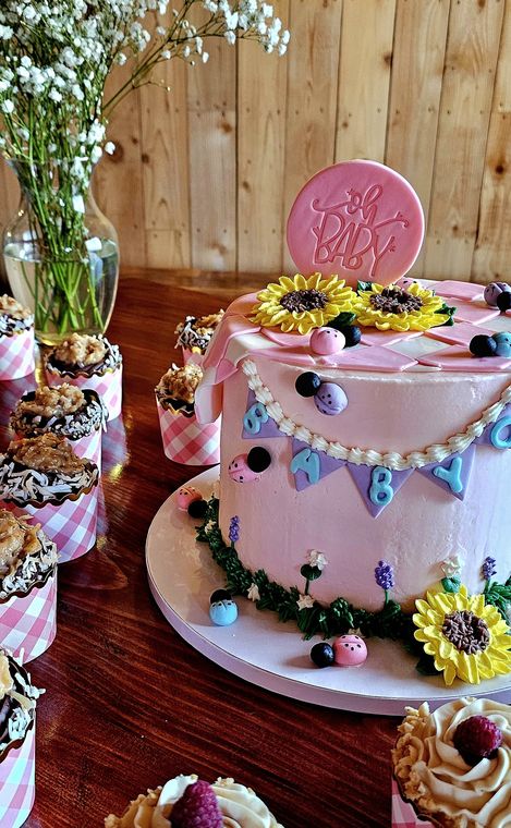 Baby shower cake decorated with sunflowers at On Collin's Pond in Middleton, Idaho