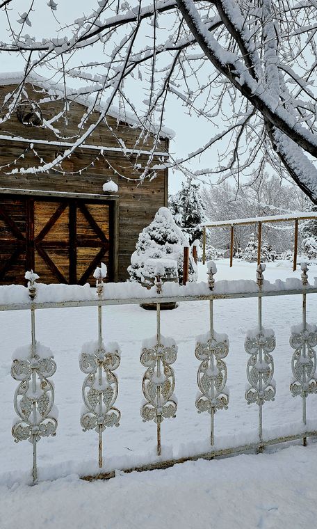 Snow on the garden railings at On Collin's Pond in Middleton, Idaho