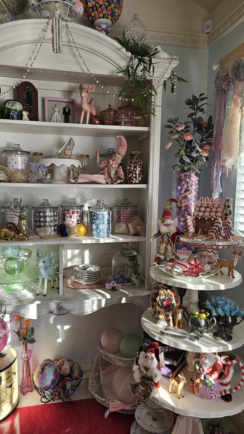 Chelsea's Sweet Shoppe dressed for Christmas — apothecary candy jars, vintage china hutch and tiered dessert stands at On Collin's Pond, Middleton, Idaho